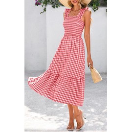 PRETTYGARDEN Women's Summer Dress Casual Square Neck Ruffle Strap Gingham Smocked Midi Flowy A Line Beach Vacation Sun Dresses 2025 (Wine Red, M)