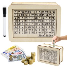 Money Box with 1000 € Savings Target, Wooden Money Box, Reusable Money Box with 1 Erasable Pen and Acrylic Plates, Money Box with Counter, Helps Adults and Children the Habit of Saving