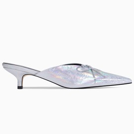 RONILURN Kitten Heels for Women Heeled Mules Stiletto Pumps Bow Closed Toe Pointed Toe Low Heel Slip on Fashion Metallic Backless Prom Party Dressy