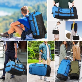 Vomgomfom 86L Collapsible Wheeled Luggage With Removable Backpack Straps,Waterproof Rolling Duffle Bag with Quilted Base,Blue