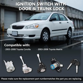 RAMATA Ignition Switch Lock Cylinder With 2 Keys, Door & Trunk Lock Cylinder Kit Compatible With 2003 2004 2005 2006 2007 2008 Toyota Corolla Matrix (No Chip) Replace # 69057-02130, 69057 02130