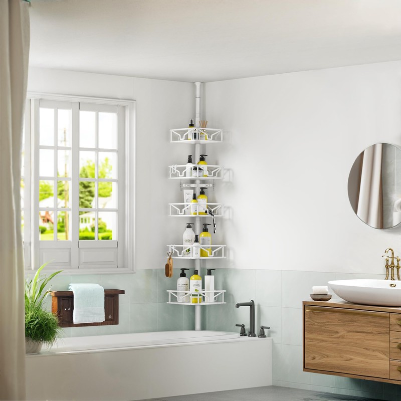 Skycarper 5 Tier Adjustable Corner Shower Caddy Organizer with Hooks,Rustproof