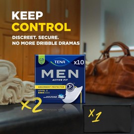 Tena Men Level 2 Incontinence Pads Men Bundle by Wishesla Absorbent Protector Multipack 2x10 Total of 20, 100% Discreet, Thin 4mm, up to 450ml Absorbancy and Black Fabric Toiletries Bag
