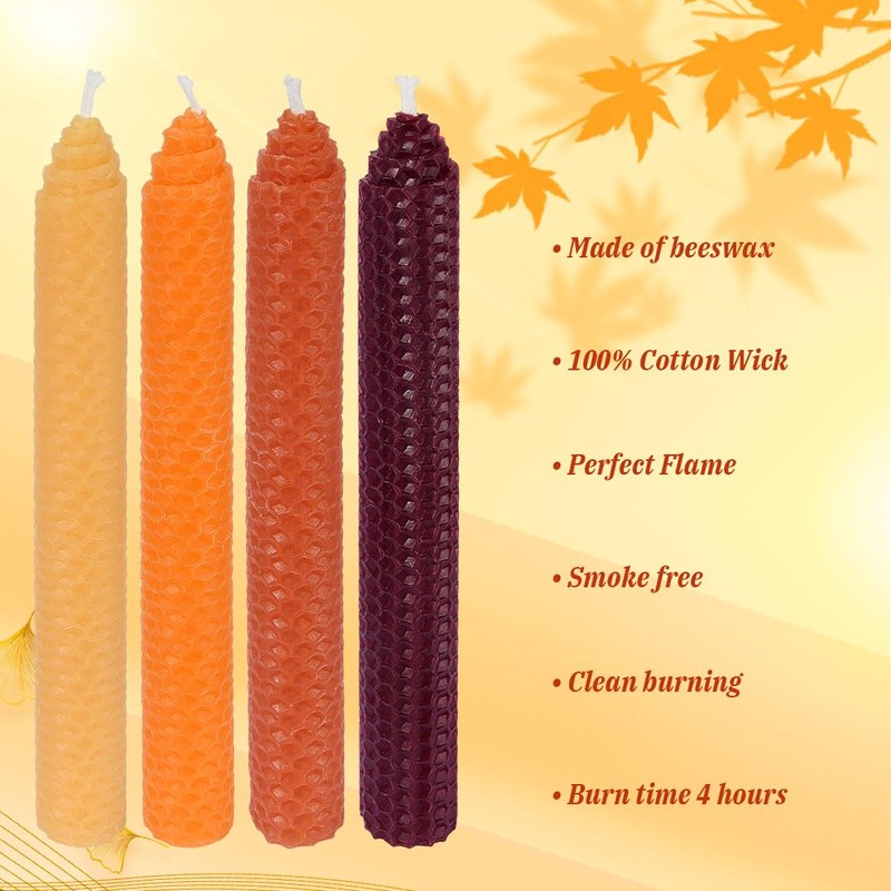 DEYBBY 8" Hand-Rolled Beeswax Taper Candles 4 Pack Cone Top,Pure