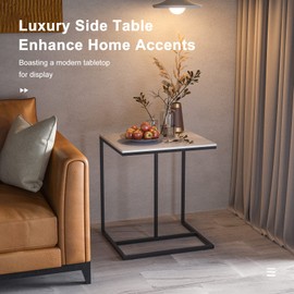 White Faux Marble Side Table: Modern C Shaped End Table Sofa Coffee Snack Accent Laptop Table with Black Metal Frame Sintered Stone Table Top Bedside Table for Living Room Couch