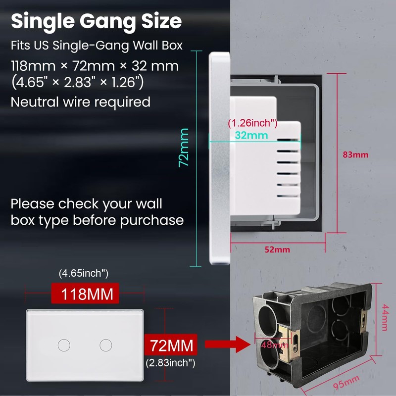 LOUYSGEN Smart Light Switch,2-Button,Aluminum Frame, Neutral Required,2.4GHz, Tuya Smart Life