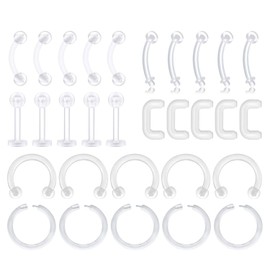 LAURITAMI 30-45pcs Clear Piercing Retainers Cartilage Lip Nose Helix Tragus Studs Rings Hoops Rings Bioflex Flexible Horseshoe Clicker Earrings Piercings Retainer 20G 16G