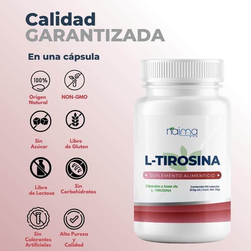 L - Tirosina 500mg por Cápsula - 100 Cápsulas, Pure,