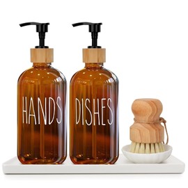 Amber Hand Dish Soap Glass Dispenser Set for Kitchen Sink with Ceramic Tray Wooden Dish Brush Pump Scrubber Holder Matte Liquid Rustic Farmhouse Soap Dispenser