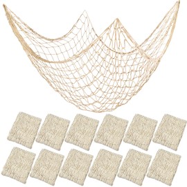 12 Pieces Natural Fish Net Decoration 80" x 40", Wall Hanging Cotton Fishnet Decor for Underwater, Mermaid, Pirate, Hawaiian, Nautical Ocean Theme Beach Bash Party Decoration (Beige)