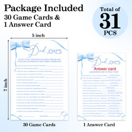 ZSHFMY Dad Jokes Baby Shower Game Cards, Blue Bow Baby Shower Games for Boys Gender Reveal Games Party Supplies, 30 Double-Sided Game Cards with 1 Answer Card -b06