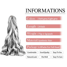 French Curly Braiding Hair 8Pack Mixed Dark grey/Light grey Pre Stretched Synthetic Spiral Curly Braiding Hair 24Inch Synthetic 75g/pack French Curl Braiding Hair Extensions(24Inch,8 Packs,Mix-grey)