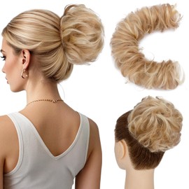 Hairro Messy Bun Hair Piece Remy Human Hairpiece DIY Wrap Around Bun Versatile Tousled Updo Scrunchy Magical Faux Up-do For Women 32g #18P613 Ash Blonde Mix Bleach Blonde