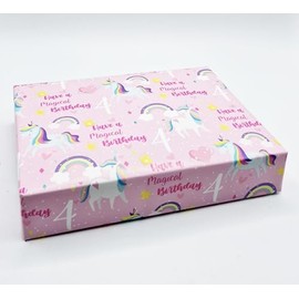 2 Sheets 4th Birthday Unicorn Theme Girl Pink Wrapping Paper Age 4 Cute Unicorn and Rainbow Design Birthday Giftwrap Female Pink (PA)