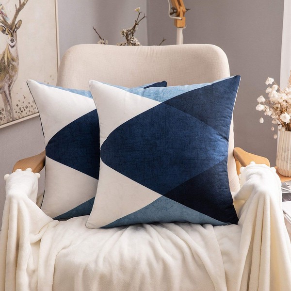MIULEE Geometric Cushion Covers Decorative Square Throw Pillow Case Pillowcases for Couch Livingroom Sofa Bed with Invisible Zipper 45cm x 45cm 18x18 Inches 2 Pieces Blue