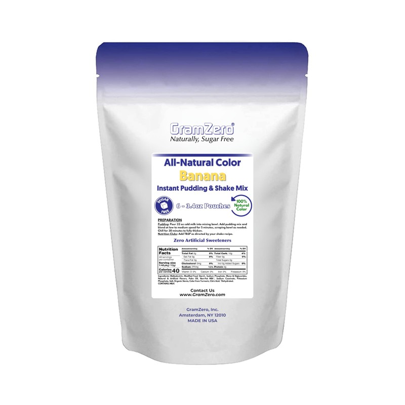 GramZero Natural Color BANANA Sugar Free Pudding Mix 6-Pack, Great