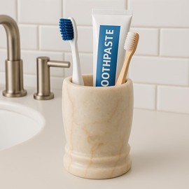 Creative Home Natural Java Marble Toothbrush Tumbler 3.3" x 4.5" | Solid Carved Stone Cup for Bathroom Sink, Vanity, Makeup Brushes, Razors | Elegant Gift and Spa-Inspired Countertop Organizer