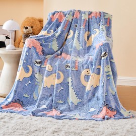 Wajade Glow in The Dark Dinosaur Blanket for Boys, Blue Dinosaur Wild Park Jungle Soft Plush Fleece Throw Blanket for Birthday Gifts for Kids Boys Teen 50"x60"