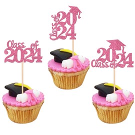 30 piezas de adornos para cupcakes con temática de graduación 2024, con purpurina, clase de 2024, para decoración de pasteles de graduación para suministros de fiesta temática de graduación 2024,
