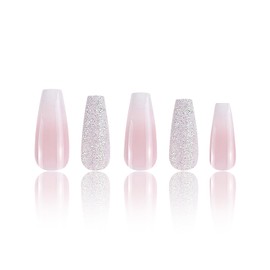 Pink Press on Nails Medium Coffin Fake Nails SWEKKE Pink Gradient Full Cover White Glitter False Nails with Designs Glossy Stick on Nails Acrylic Nails Manicure Artificial Nails for Women Girls 24Pcs