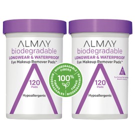 Almay Biodegradable Longwear & Waterproof Eye Makeup Remover Pads, Hypoallergenic, Cruelty Free, Fragrance Free Cleansing Wipes, 2 Pack