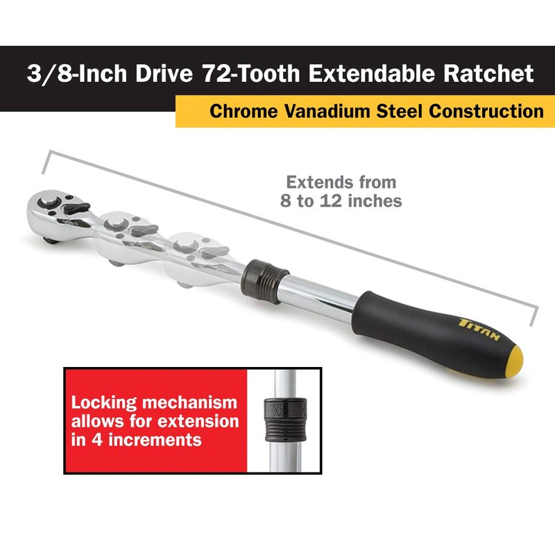 Titan 12070 3/8-Inch Drive x 8 to 12-Inch 72-Tooth Extendable