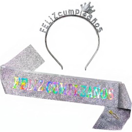 Lecute Elegante Set De Banda Y Diadema de Cumpleaños Para Mujer Tiara "Feliz Cumpleaños" Fiesta Evento Presentacion Elegancia 1 Diadema+1 Banda (Plateado)
