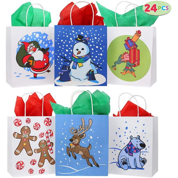 24 Christmas Kraft Paper Gift Bags with Handles Blue and White with Assorted Christmas Prints for Holiday Christmas Goody Bags, Xmas Gift Bags, School Classrooms and Party Favors
