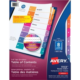 AVERY Ready Index Table of Content Dividers for Laser and Inkjet Printers, 8 tabs, Multi-Colour, 1 Set, (11133)