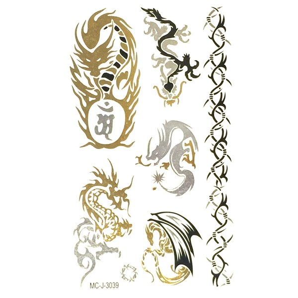 Wrapables Celebrity Inspired Temporary Tattoos in Metallic Gold Silver and Black, Small, Dragon