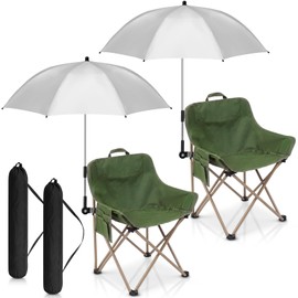Burbell 2 Set Beach Chair with Umbrella Foldable Camping Chair Adjustable and Fold up Umbrella with Storage Bag for Outdoors Fishing Camping Hiking Travel Picnic Beach(Green and Silver)