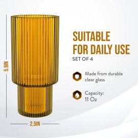 American Atelier Vintage Art Deco Fluted Drinking Glasses Set of 4, 11 oz, Amber