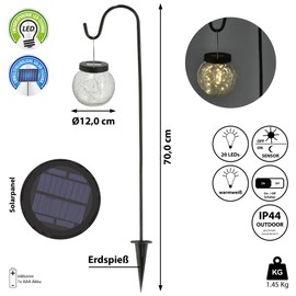 Cepewa Solar LED Light Garden Stake Ball │ Height 70 cm Crackle Design Solar Panel 20 LEDs Warm White │Path Light Garden Light