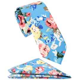 zenxus Skinny Corbatas Set Plus Pocket Slim Casual cuadrado de algodón floral Tie 2 (1/2) "Ancho novedad flores impreso patrón, >Black