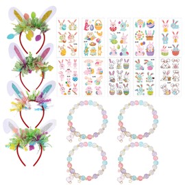 Happy Easter Day Headband Cute Colorful Headband with Easter Themed Bracelet and Easter Temporary Tattoos Stickers Easter Supplies Kit