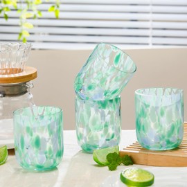 Jingmore 4 Pcs Icon Juice Glasses Handcrafted Double Old-fashioned Confetti Juice Glasses Drinking Tumblers, Turquoise Confetti, 12 oz Each for Women Home Summer Party Supplies Gift