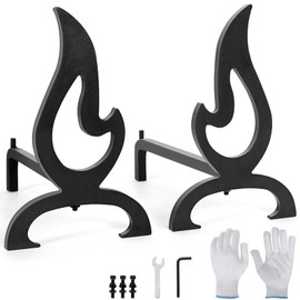 Zettfuly Cast Iron Fireplace Andirons, Decorative Andirons for Wood Burning Fireplaces, Heavy-Duty and Stylish Fire Shape Design