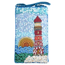 Bamboo Trading Lighthouse with Shells Club Bag, 7.5-inch Height, Women Accessories, Fashion, Travel Bag, Blue, 4.5" W x 7.5" H