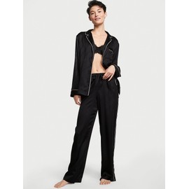 Victoria's Secret Satin Pajama Set, Long Sleeve Button Down & Pant Set, Sleepwear for Women, Black (M)