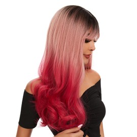 DAWANQU Long Wavy Curly Wigs with Bangs for Women Lace Front Synthetic Wigs Natural Wigs for Cosplay and Party Use Wavy Wig (26 Inch, Mermaid Pink)