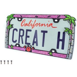 Creathome 3D Shining Palm Trees Crab License Plate Frame from Pure Zinc Alloy Metal Perfect Plate Holder, Matt Black with Pink Glitters