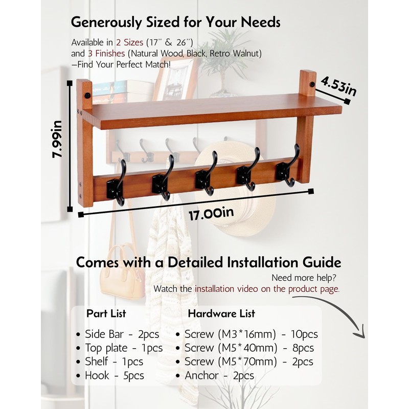 Exper City Coat Rack Wall Mount with Shelf, 17IN Wooden