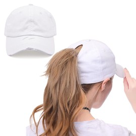 ProMindFun Womens Ponytail High Messy Bun Hats Distressed Baseball Caps Unconstructed Washed Dad Hat Girls Trucker Ponycaps (06-White)