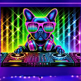 BlissYard Dog Blacklight DJ Tapestry 78x59 inch Bulldog Tapestry UV Reactive Black Light Music Glow in The Dark Poster Hippie Wall UV for Bedroom Decoration Living Room Artwork Room Backdrop