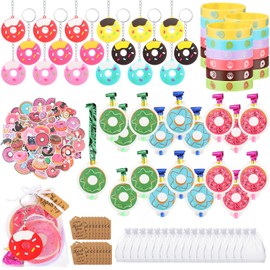 HyDren 140 Pcs Donut Party Favors Including Keychain Blow out Cute Sticker Silicone Wristband Organza Gift Bag Thank You Cards for Boys Girls Doughnut Birthday Supply Decoration Goodie Filler