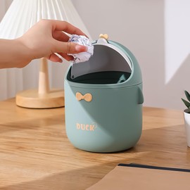 DYOUen Table Trash Bin with Lid Mini Trash Bin Cute Cartoon Trash Bin for Work Tables, Offices, Home (green)