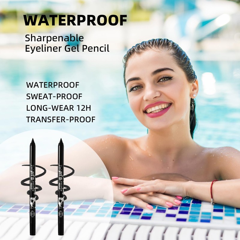 2PC Black Gel Eyeliner Pencil Set, Waterproof and Smudge-Resistant Long-Lasting
