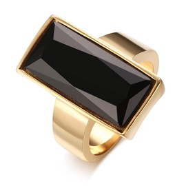 Stainless Steel Gold Plated Rectangular Black Glass Crystal Ring for Women,Best Friend Gift,Size 8