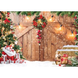 LTLYH 8x6ft Christmas Photography Backdrop Christmas Barn Door Background Christmas Barn Door Xmas Tree Snow Gift Wall Floor Party Photo Background 164