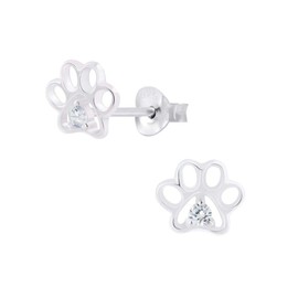 Dog Cat Paw Print Earrings with Crystal Stones - 925 Sterling Silver
